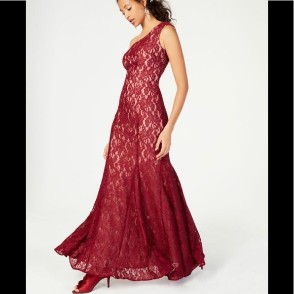 Women’s Formal Dress Plus Sizes 10P & 14W Burgundy Maxi Floral Lace One Shoulder - Picture 5 of 6